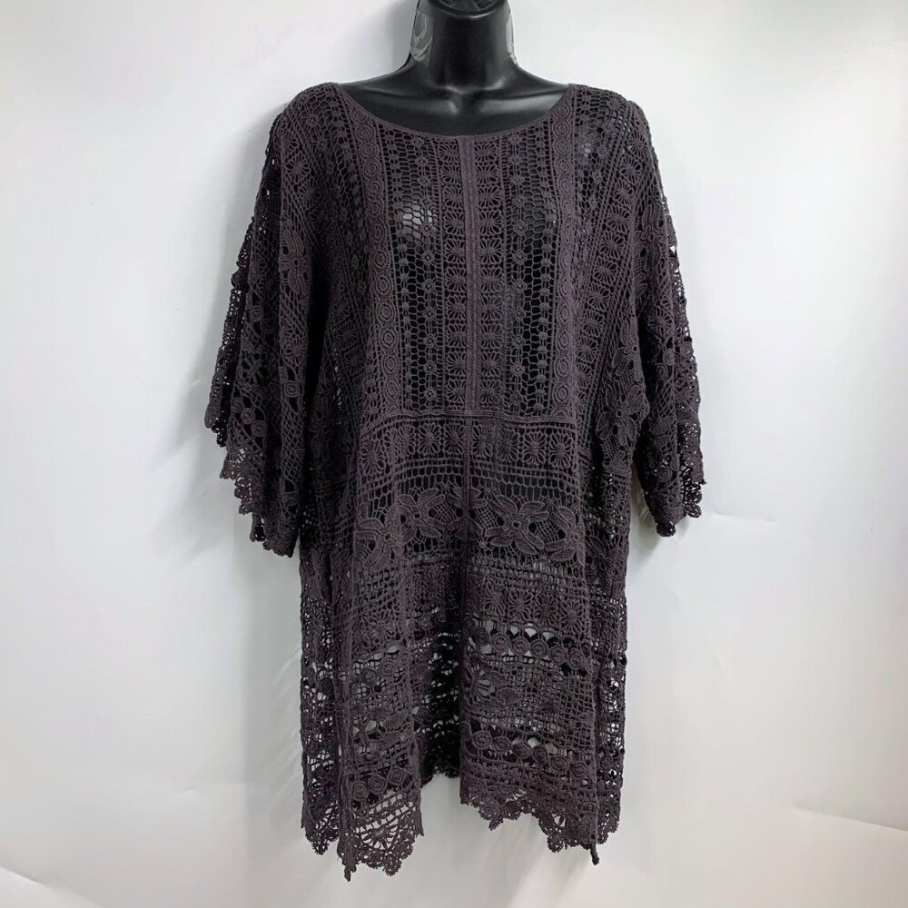 XCVI Webbed Lace Crochet Black Knit Kimono Sleeve Tunic Top Blouse Cover Up M